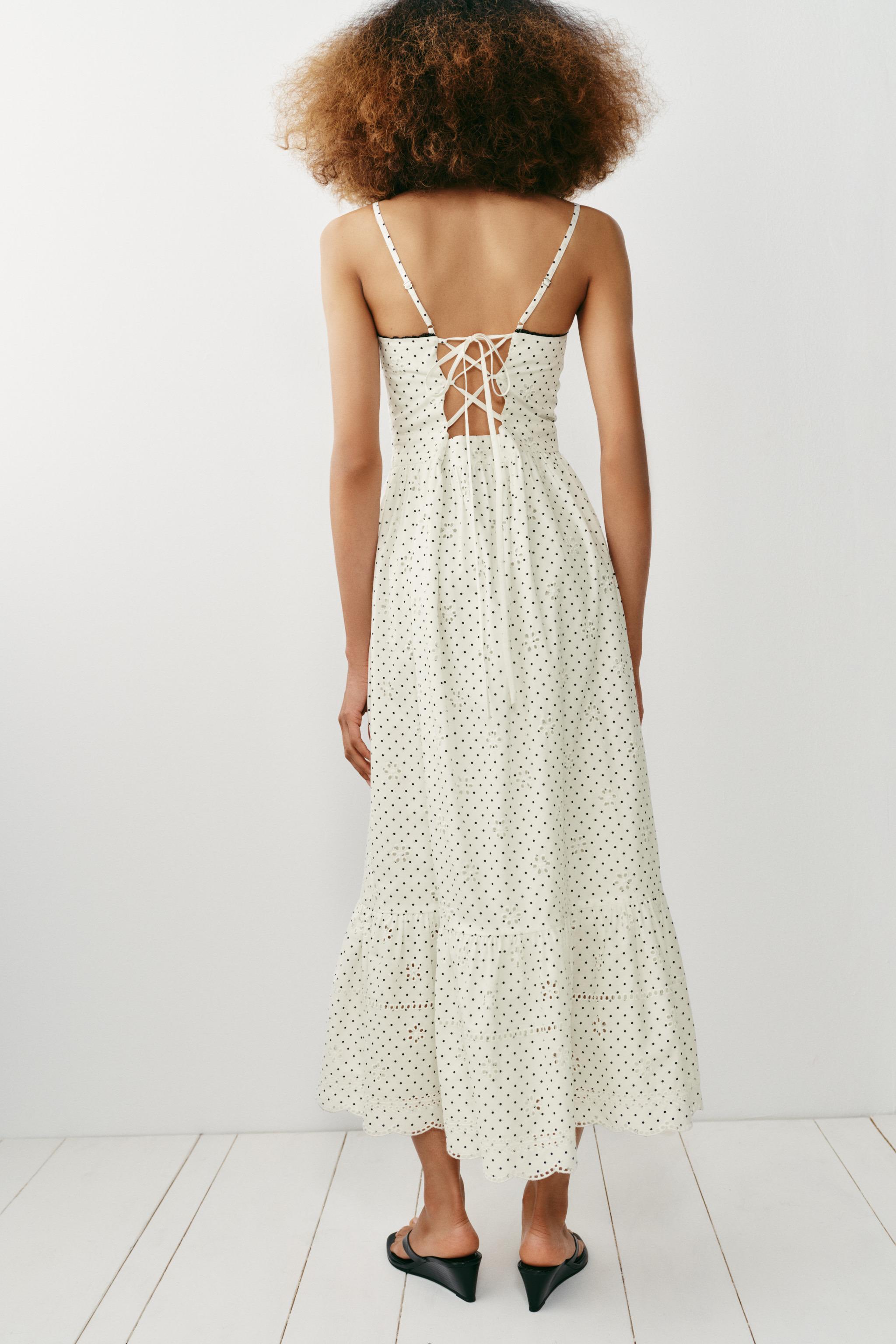 PRINTED EMBROIDERED EYELET MIDI DRESS